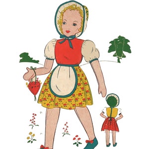 Puede incluir: Una muñeca de papel con un corpiño rojo, una falda amarilla con flores rojas y un delantal blanco. Está sosteniendo un objeto rojo en forma de corazón. Una muñeca de papel más pequeña con una falda roja y un corpiño amarillo está de pie detrás de ella.