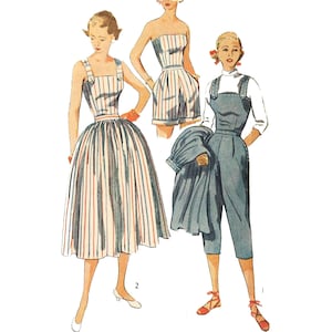 PDF - 1950s Playsuit Sewing Pattern: Two-Piece Top, Pants, Skirt, Bust 30"(76cm) - Download