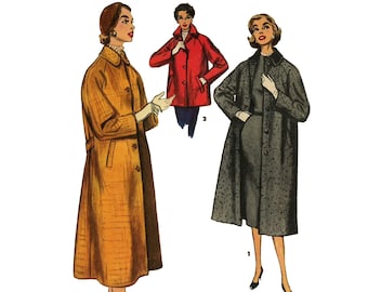 May include: Three vintage illustrations of women wearing different coats. The woman on the left is wearing a long, yellow coat with a belt. The woman in the middle is wearing a red coat with a button closure. The woman on the right is wearing a long, gray coat with a button closure.