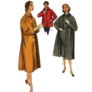 May include: Three vintage illustrations of women wearing different coats. The woman on the left is wearing a long, yellow coat with a belt. The woman in the middle is wearing a red coat with a button closure. The woman on the right is wearing a long, gray coat with a button closure.