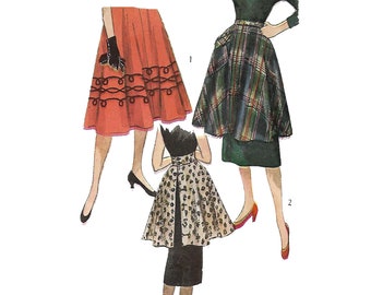Puede incluir: Se muestran tres estilos de faldas diferentes en una ilustración vintage. La primera falda es roja con ribetes negros y un diseño circular. La segunda falda es verde y a cuadros. La tercera falda es negra con una superposición de estampado de leopardo.
