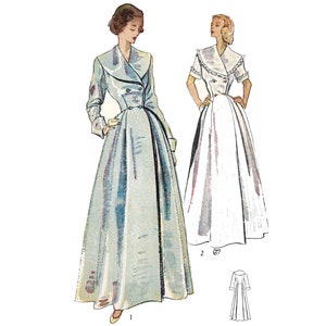 May include: A vintage illustration of two women wearing long dresses with a large collar. The dress on the left is a light blue colour and the dress on the right is white. The illustration is a sewing pattern.