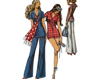 PDF - Vintage 1970s Pattern – Shorts or Bell-Bottom Pants & Tunic - Bust: 34” (86.4cm) - Instantly Print at Home