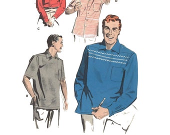 PDF- 1950s Sewing Pattern, Men's Casual Sports Shirt - Chest: 42”-44” (106.7cm - 111.8cm)  - Instantly Print at Home