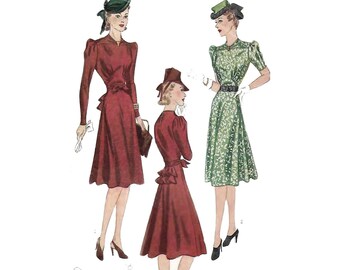 Könnte beinhalten: Eine Vintage-Illustration von drei Frauen in Kleidern und Hüten. Die Frauen tragen Kleider in verschiedenen Farben, eines in Rot, eines in Grün und eines mit Blumenmuster. Alle Frauen tragen Hüte, und die Illustration ist im Vintage-Stil gehalten.