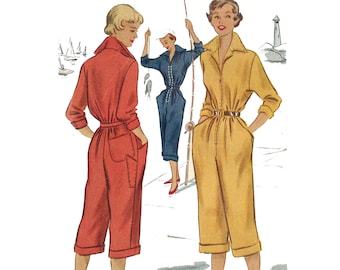 PDF - 1950's Sewing Pattern: Boiler Suit, Pedal Pushers, Pants Jumpsuit - Bust 33"- 43.5" (84cm-110.5cm) - Download