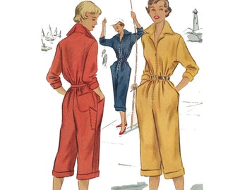 Vintage 1950's Sewing Pattern: Boiler Suit, Pedal Pushers, Pants Jumpsuit - Bust 33"-43.5" (84cm-110.5cm)