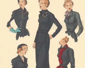 Vintage 1940's Sewing Pattern: Elegant Long Line Vogue Dress High Neck - Multi Sizes