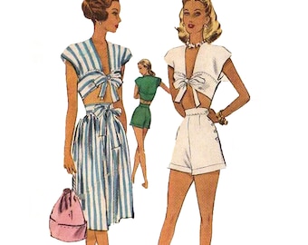 PDF - Vintage 1940s Sewing Pattern – Tie Top, Shorts & Skirt, Three-piece Beach Outfit - Bust: 34” (86.4cm) - Download