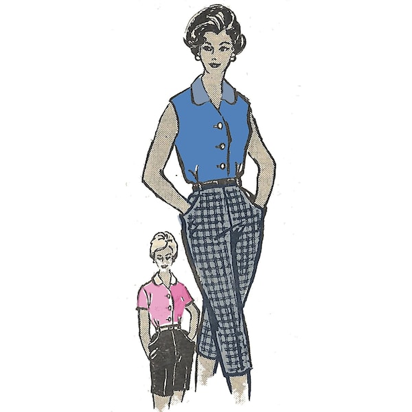 PDF - Vintage 1950s Pattern – Sleeveless Blouse, Short & Cropped Pants Set -  35” (88.9cm) - Instantly Print at Home