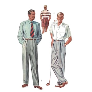 May include: Two men wearing different styles of shirts and trousers. The man on the left is wearing a light blue shirt with a red and white striped tie and grey trousers. The man on the right is wearing a white shirt with a short sleeve and striped trousers. The man on the right is holding a golf club.