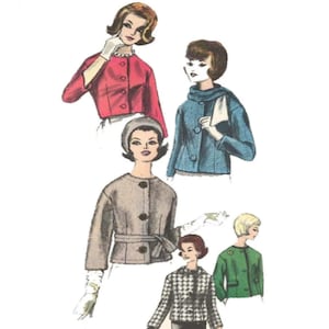 Patron de couture pour veste et écharpe des années 1960 : deux longueurs, options de col, tour de poitrine 91,4 cm (36 pouces)