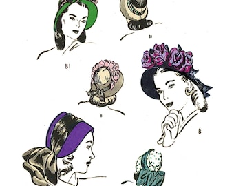 Vintage 1940s Sewing Pattern: Set of Hats & Bonnets - Head Size 21" (53cm)