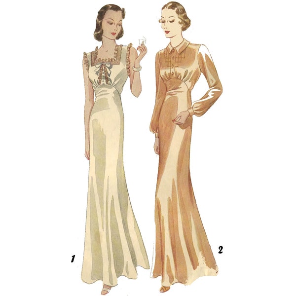 PDF - Vintage 1930's Sewing Pattern: Art Deco Long Nightgown - Bust 42” (106.7cm) - Download