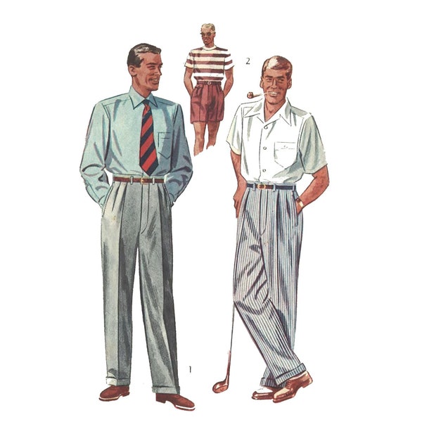 PDF - 1950's Sewing Pattern: Men's Slacks Pants Trousers Shorts Pleats - Waist 38" / 96.2cm - Instantly Print at Home