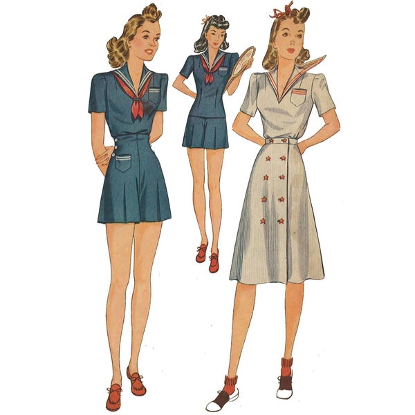 PDF - Vintage 1940's Sewing Pattern: Sailor Playsuit, with High Waist Shorts - Bust 33" (84cm) - Instantly Print at Home