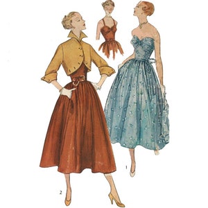 Peut inclure: Une illustration vintage de patron de couture représentant deux femmes portant des robes. La femme de gauche porte une robe marron avec une veste jaune et une ceinture blanche. La femme de droite porte une robe bleue avec un corsage blanc. Les deux femmes portent des gants blancs et des talons.
