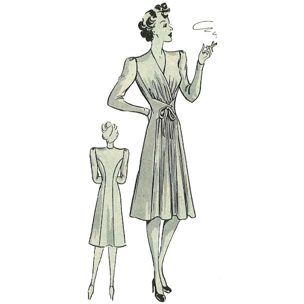 PDF - Vintage 1940's Sewing Pattern - Tie Front Frock Dress Wrap Adjustable - Bust 36” / 92cm - Instantly Print at Home