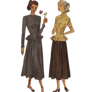 May include: Vintage fashion illustration of two women in suits. One is in a dark grey suit with a peplum jacket and skirt, the other in a yellow top and brown skirt. The illustration has a retro style.