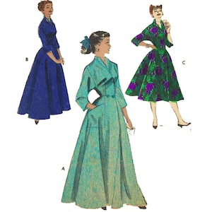 Könnte beinhalten: Eine Vintage-Nähvorlagen-Illustration mit drei Frauen, die verschiedene Stile von langen Kleidern tragen. Das Kleid links ist blau, das mittlere Kleid ist grün und das Kleid rechts ist grün mit einem Blumendruck. Das Muster ist mit den Buchstaben A, B und C gekennzeichnet.