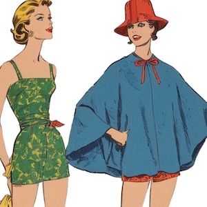 Vintage 1950s Pattern – Two-Piece Playsuit & Poncho- Bust 34” (86.4cm), Waist 26” (66.1cm)