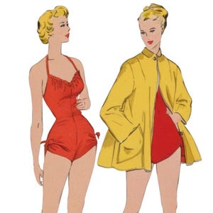 PDF - Vintage 1940&#39;s Sewing Pattern: Women&#39;s Bathing Suit & Beachwear Coat, Bombshell - Bust 34” (86cm) - Download