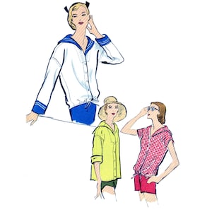 May include: Illustration of three outfits: a white sailor-style top with blue accents, a yellow button-down shirt, and a red and white checkered shirt. All outfits are paired with shorts. The image is a vintage fashion illustration.