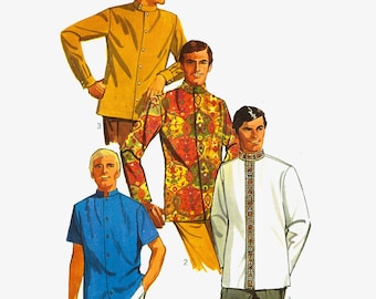 PDF - 1960s Mens Nehru Jacket Sewing Pattern: Beatles Guru Shirt, Chest 38" (97cm) - Download