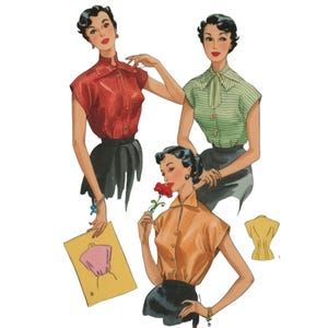 PDF - Women wearing 1950s blouses in various styles. - Instantly Print at Home