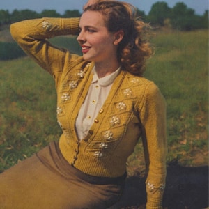 PDF - 1940s Tyrolean Cardigan Knitting Pattern: Daisy Flower Embroidery, Bust 38-42"(96-107cm)