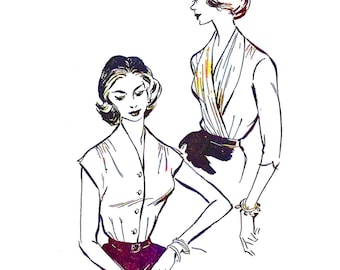 1950s Blouse Sewing Pattern with Stole - Bust 38" (PDF Download)