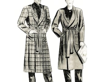 PDF - 1940er Jahre Herren Hausmantel Schnittmuster: Morgenmantel Debonair, Brustumfang 107 cm–112 cm - Download