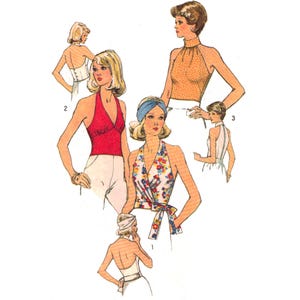 Puede incluir: Ilustración de tops halter vintage en varios estilos. Uno es rojo, otro floral y un tercero naranja con un estampado de lunares. La imagen también muestra un top halter blanco y un top blanco con la espalda baja.
