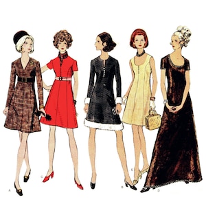 May include: Five women wearing different styles of dresses. The dresses are all knee-length and have a variety of colours and patterns. The women are all standing in a row and looking at the camera.