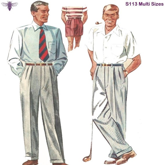 PDF Cartamodello vintage anni 50 Pantaloni da uomo Pantaloni Pantaloncini Pieghe Vita 34