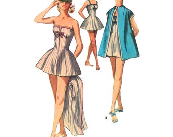 Vintage 1950's Sewing Pattern:  Skirted Bathing Suit Swim Suit Beach Coat - Multi Sizes