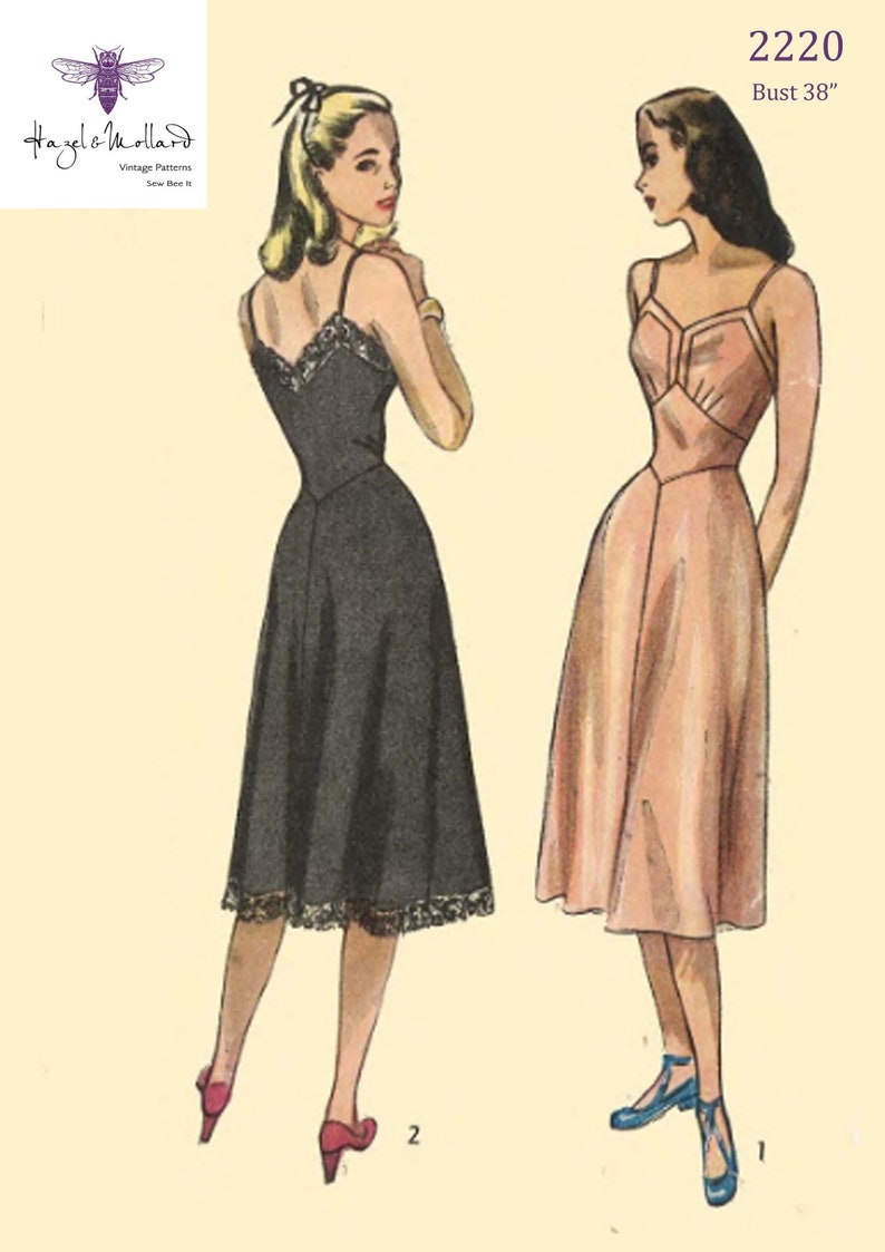 Vintage Slips | Long, Tea and knee Length Slips Vintage 1940s Sewing Pattern: Womens Full Length Slip Bust 38