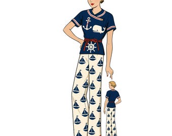 PDF - 1930s Wide Leg Pajama Sewing Pattern: Vintage Beachwear, Bust 36"(91cm) - Download