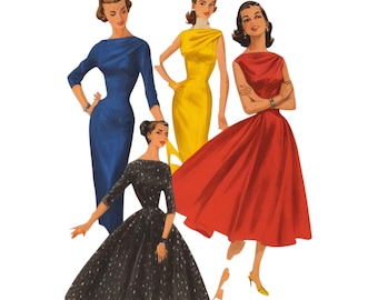 Vintage 1950s Sewing Pattern: &#39;Dreamboat&#39; Rockabilly Draped Bodice Dress - Multi-sizes