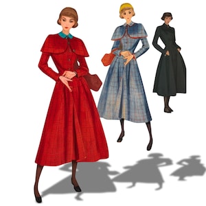 1940er Jahre Clara Cape Mantel Schnittmuster mit Abnehmbarem Cape: Büste 76 cm-112 cm - Multi-sized