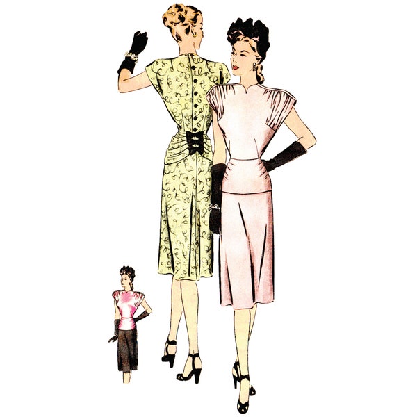 PDF - Vintage 1940s Sewing Pattern, Dress with Peplum - Bust: 36” (91.5cm) - Download