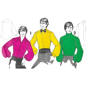 May include: Three men's shirts in different colours and styles. The first shirt is pink with a button-up collar and long sleeves. The second shirt is yellow with a button-up collar, long sleeves, and a bow tie. The third shirt is green with a turtleneck and long sleeves.