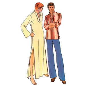 May include: Illustration of two men in vintage clothing. One wears a long, cream-colored tunic with a slit, the other a red and white striped shirt and blue pants. Both are barefoot or wearing shoes.