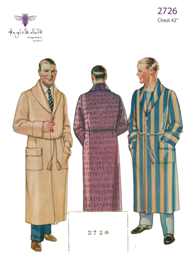 1920s Men’s Pajamas, Smoking Jacket, Slippers History Vintage 1920s Sewing Pattern: Mens Lounging Robe Chest 42