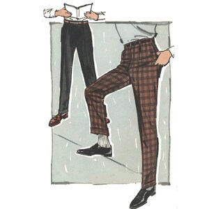 Op de afbeelding: Een mode-illustratie met twee broeken. Eén broek is effen donker antracietgrijs en de andere broek heeft een bruin en zwart ruitpatroon. Beide broeken zijn getailleerd met een riem, omgeslagen zomen en gecombineerd met nette schoenen.