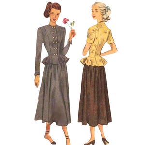 1940s    Sewing Pattern:  Peplum Jacket & Skirt Suit -  Bust 37" (94cm)