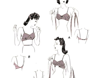 PDF - 1940s Bra Sewing Pattern: Vintage Lingerie, Backless Options, Bust 34"(86cm) - Download