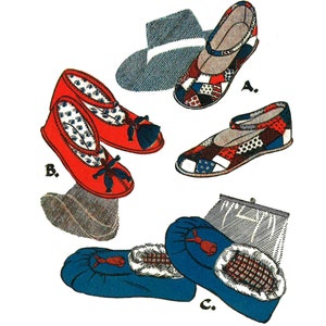 May include: A set of three pairs of children's shoes. The first pair is red with blue tassels, the second pair is red, white, and blue patchwork, and the third pair is blue with white fur trim.