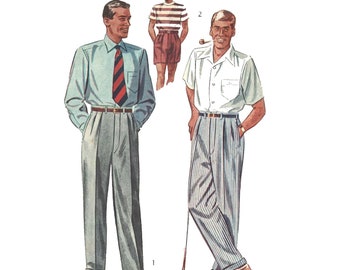 PDF - 1950s Men's Slacks & Shorts Sewing Pattern: Pleated Trousers, Waist 34"(86cm) - Download