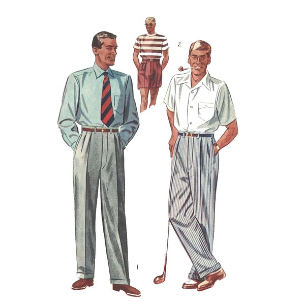 PDF - Vintage 1950's Sewing Pattern: Men's Slacks Pants Trousers Shorts Pleats - Waist 34" / 86.4cm - Instantly Print at Home
